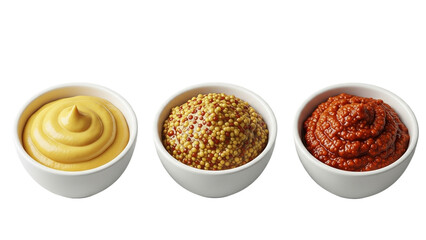 Mustard variety in bowls perfect for food photography and culinary blog posts about condiments and sauces on transparent background