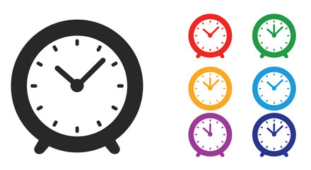 Collection of colorful alarm clocks illustrating time and different color schemes