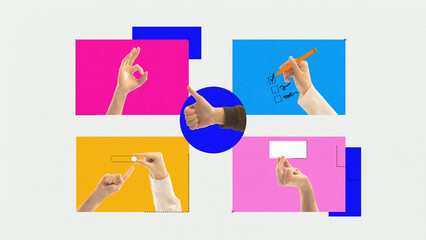 Bright collage with hands showing creative gestures and digital elements on colorful blocks. Concept of teamwork, innovation, and communication for marketing, education, and UX branding.