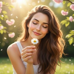 Beautiful young woman enjoying nature while holding a daisy flower, surrounded by soft sunlight and blooming branches.