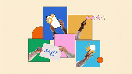 Colorful composition of hands using tablet smartphone and rating stars for digital creativity concept. Concept of innovation, design, user experience for marketing, education, and technology visuals.