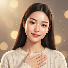 Cheerful young woman gently placing her hand on chest, smiling warmly under soft glowing light in a peaceful indoor scene.