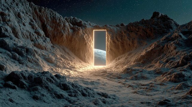 Space Sci-fi portal, pocket dimension, wormhole images, time travel, Luminous Portal Door on a Barren Alien Planet Surface Reflecting in Water Puddles