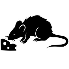 Black silhouette of a rat sitting and sniffing a piece of cheese, symbolizing curiosity, hunger, and simplicity in a minimalist vector design.