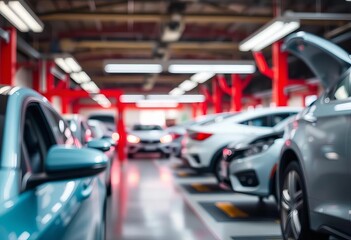 Obraz premium Blurred background of a busy auto repair shop with cars undergoing body paint work, detailing, modern cars