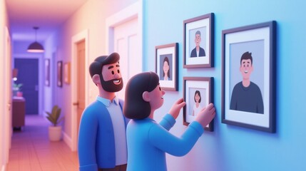 3D cartoon illustration of a couple creating a gallery wall in their new home with atmospheric pastel lighting. Concept of family memory, togetherness, and cozy homelife.