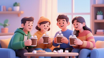 3D cartoon illustration of a diverse group of friends enjoying hot chocolate in a cozy living room. Concept of friendship, winter warmth, and hygge lifestyle.