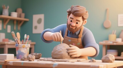 3D illustration of a friendly bearded artist smiling while sculpting with clay in a cozy workshop. Concept of creative hobby, craftsmanship, and small business.