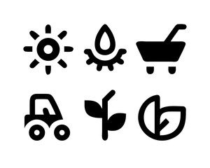 Agriculture icons featuring sun, water drop, cart, tractor, and plant growth