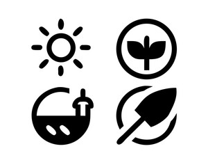 Agriculture icons featuring sun, plant, water, and shovel