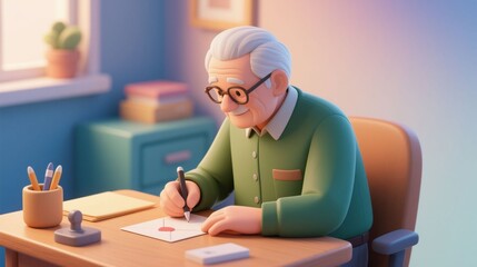 3D illustration of a smiling white senior grandfather signing his last will and testament. Concept of estate planning, retirement, and preparing a family legacy.