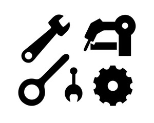 Black and white icon set featuring wrench, drill, and gear