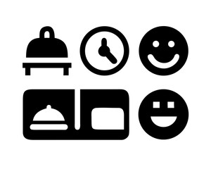 Black and white icon set featuring restaurant, clock, and smiley faces