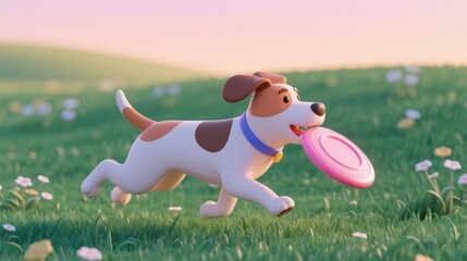 Playful 3D claymation dog running with frisbee in summer meadow. Concept of active pet care, animal wellbeing and outdoor happiness.