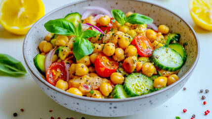 Close-up of a fresh chickpea salad with avocado and tomato in a ceramic bowl