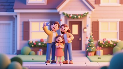 Happy Asian family taking a Christmas selfie with a smartphone in front of a decorated suburban house. Concept of winter holidays, togetherness, and home ownership.