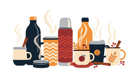 Cozy autumn drinks served in insulated containers and mugs.