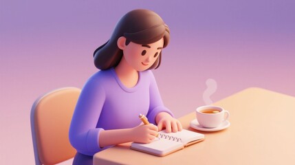 Soft 3D cartoon illustration of a woman journaling at a desk with a cup of tea. Concept of mindfulness, self-care, peaceful morning routine, and creative hobby.