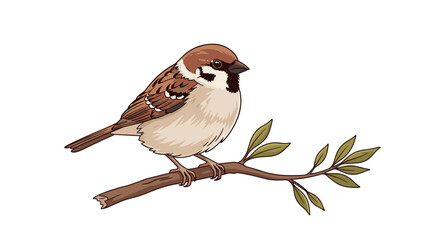 A small bird perches on a branch with green leaves.