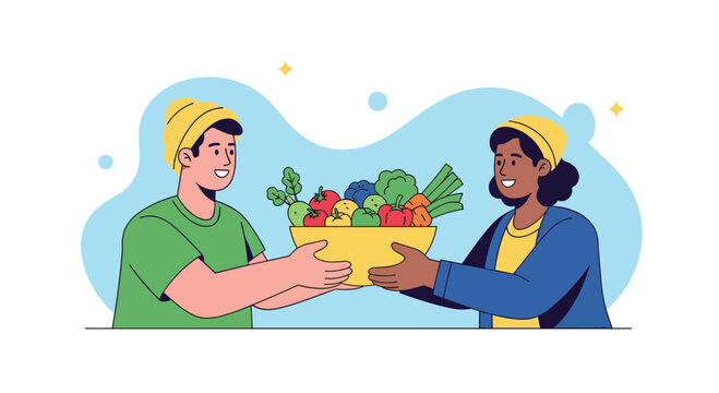 Two people sharing a bowl of fresh fruits and vegetables.