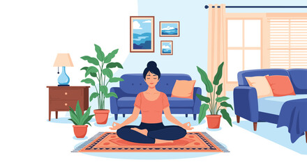 A woman meditating peacefully in her living room surrounded by plants.