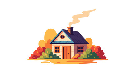 A cozy cottage with smoke coming from the chimney and surrounding trees.
