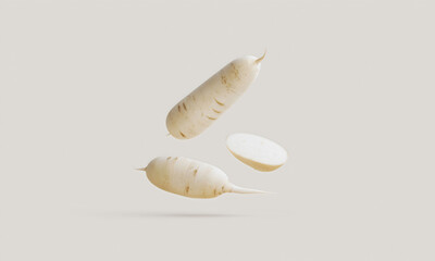 Creative food still life of a floating fresh Japanese daikon radish with a slice, isolated