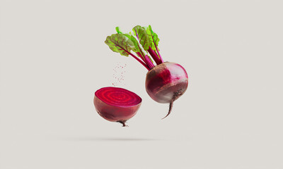 Creative levitation of raw beetroot slice with green leaf floating against isolated background