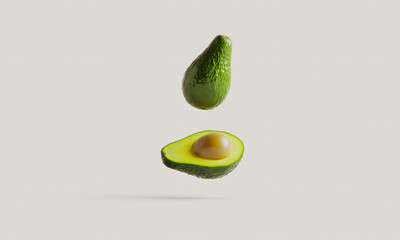 Creative studio shot of a fresh avocado sliced in half and levitating in the air