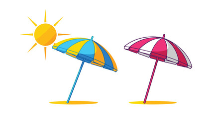 Two umbrellas on a sandy beach under a bright sun.