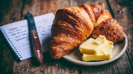Indulge in the simple pleasures of golden croissants with creamy butter, perfect for a blissful breakfast or a cozy café moment