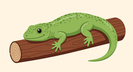 A small green lizard rests on a wooden branch.