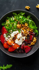 Dark food photography of a gourmet vegetarian beet salad with goat cheese, arugula, and walnuts