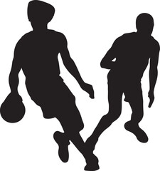 Silhouette of a basketball player dribbling the ball on a white background.
A black silhouette of a male basketball player in motion, dribbling a ball. The background is solid white.
