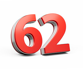 Bold Vibrant Red Number Sixty two Number 62 With Metallic On White Background 3D Illustration