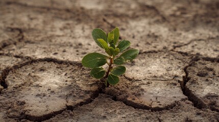 A vibrant green plant grows from the dry, cracked earth, illustrating resilience and the power of nature to flourish in challenging environments