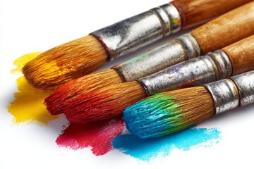 Fototapeta premium Macro shot of well-used artist paintbrushes covered in vivid, colorful paint against a white background, symbolizing creativity and art