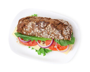 Tasty ciabatta sandwich with cheese and vegetables isolated on white, top view