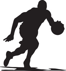 Silhouette of a basketball player dribbling the ball on a white background.
A black silhouette of a male basketball player in motion, dribbling a ball. The background is solid white.