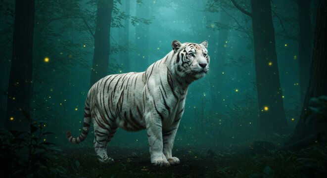 A hyper-detailed fantasy image of a majestic white tiger in an enchanted forest illuminated by glowing fireflies and moonlight. The scene combines realism and fantasy with cinematic lighting and magic