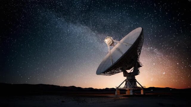 A large radio telescope dish in a desert at night, silhouetted against a starry sky.