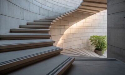 Naklejka premium Spiral staircase in a light-filled, modern concrete structure. Sunlight streams into a central, open area