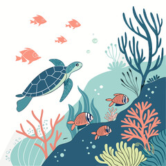 Obraz premium A colorful underwater scene with a sea turtle and various coral reef fish