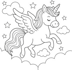 Cute Winged Unicorn Flying in the Sky with Stars and Clouds. Fun Black and White Coloring Page for Kids and Preschoolers