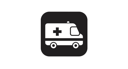 Ambulance icon emergency vehicle symbol on black square for healthcare