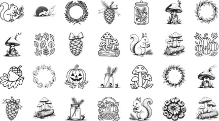 A charming collection of intricate line drawings and sketches of woodland elements: from adorable animals like squirrels to mushrooms. Each element whispers tales of autumn.