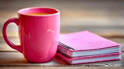 Bright pink coffee mug and matching notebook resting on rustic wooden surface, perfect for morning routines and creative planning sessions