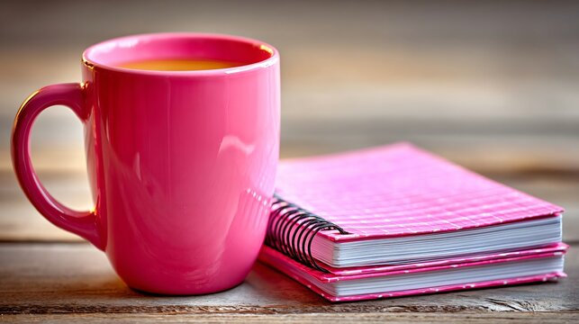 Bright pink coffee mug and matching notebook resting on rustic wooden surface, perfect for morning routines and creative planning sessions