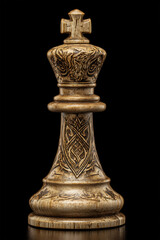 Golden chess king piece isolated on black background
