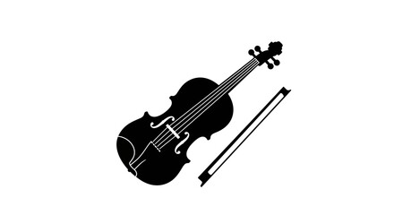 Black and white violin and bow illustration against white background